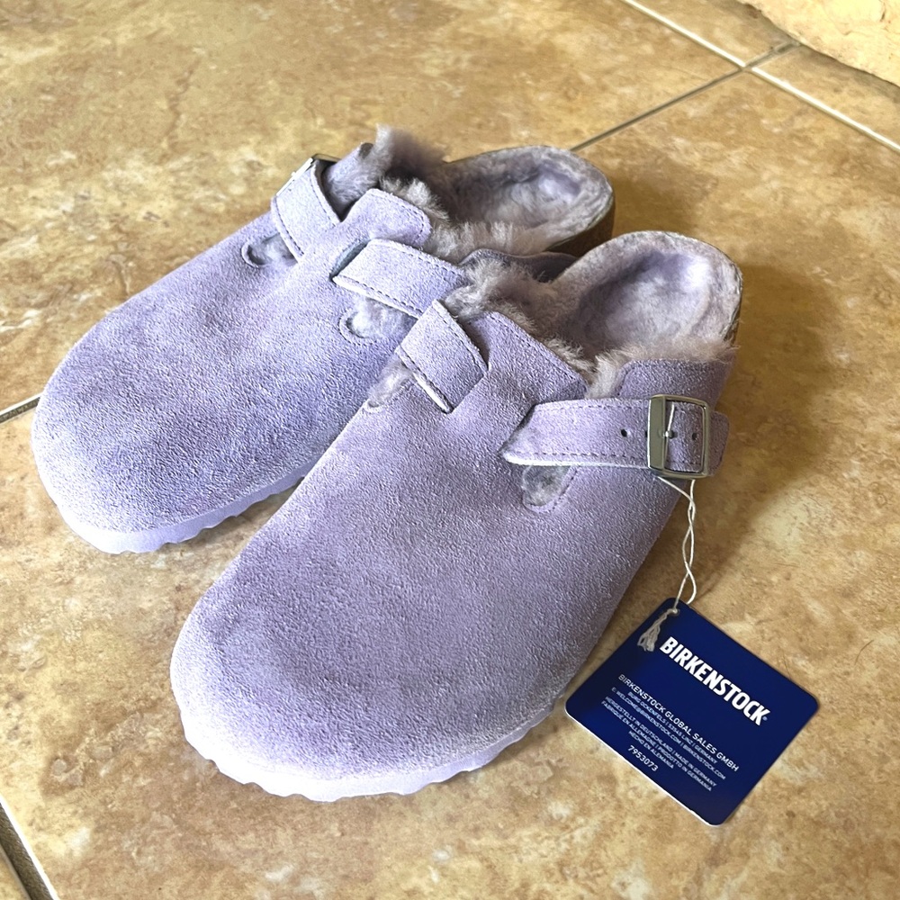 NWT Birkenstock Boston Clogs  Shearling Suede  w/ Shearling Purple Fog Sz 40/W9